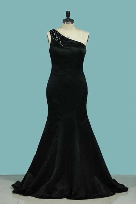 One Shoulder Prom Dresses Satin With Beading Mermaid Floor Length Formal Dress Sa1326