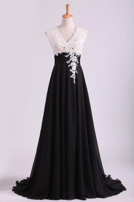 V-neck Prom Dresses A-line With Ruffles & Applique Formal Dress Sa1326