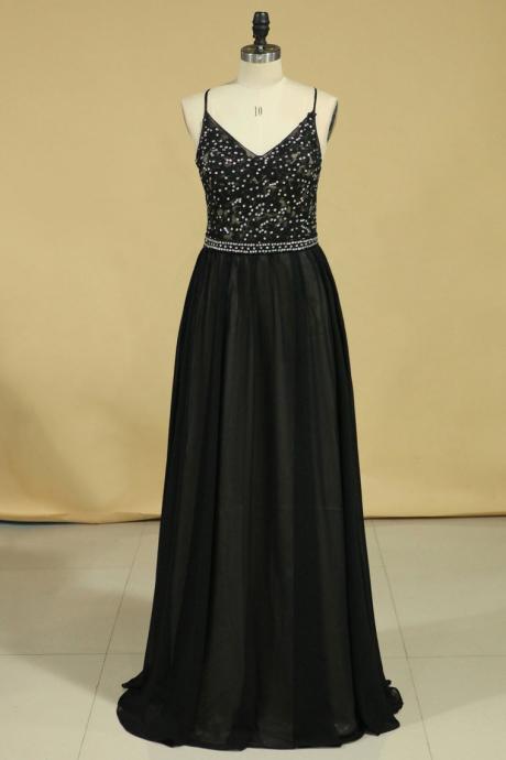 Spaghetti Straps Open Back Prom Dresses Chiffon With Applique And Beads Formal Dress Sa1326