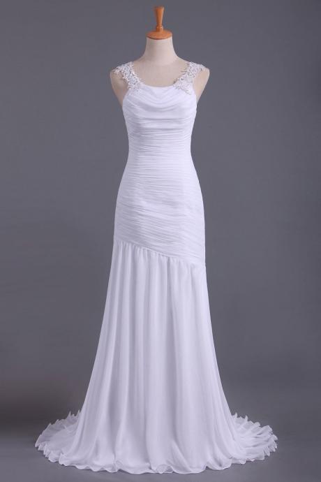 White Prom Dresses Straps Mermaid/trumpet Ruffled Bodice Beaded Open Back Formal Dress Sa1326