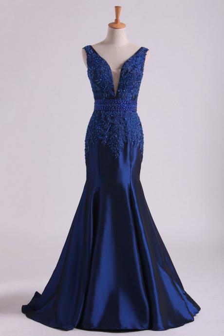 Blue V Neck Mermaid Prom Dresses Taffeta With Beads And Applique Sweep Train Formal Dress Sa1326