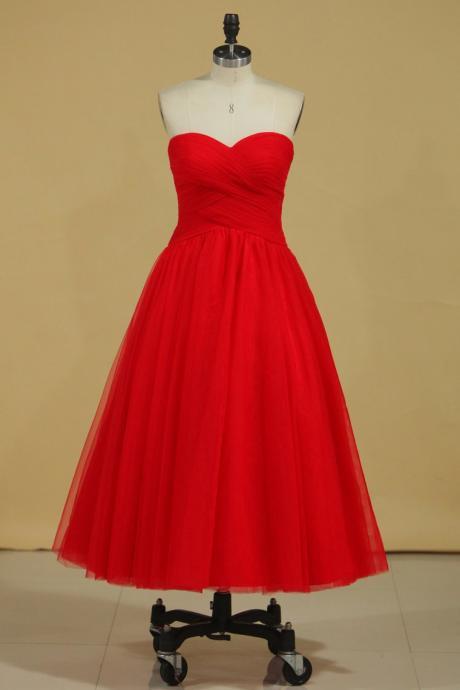 Red Sweetheart Prom Dresses A Line Tulle With Ruffles Ankle Length Formal Dress Sa1326