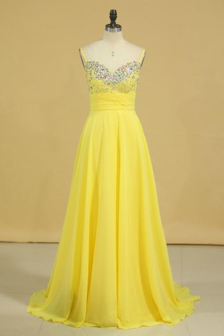 Prom Dress Spaghetti Straps Rhinestone Beaded Chiffon Skirt Formal Dress Sa1326