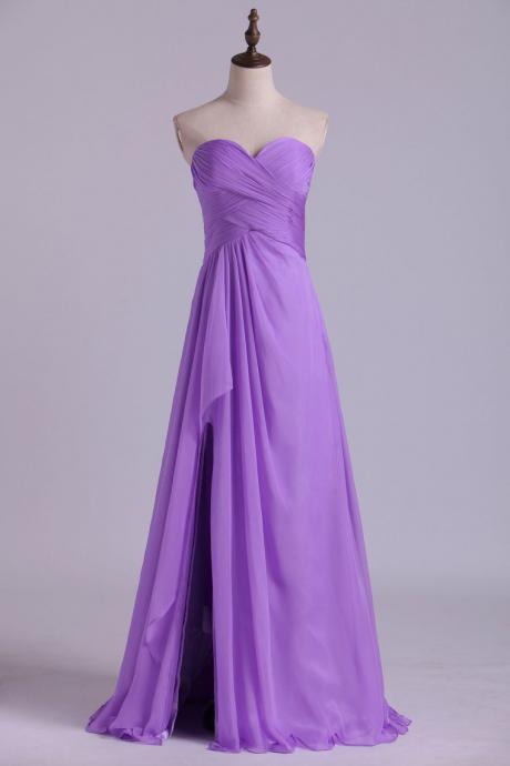 Purple Sweetheart Neckline Chic Dress Pleated Bodice A Line Chiffon With Slit Formal Dress Sa1326