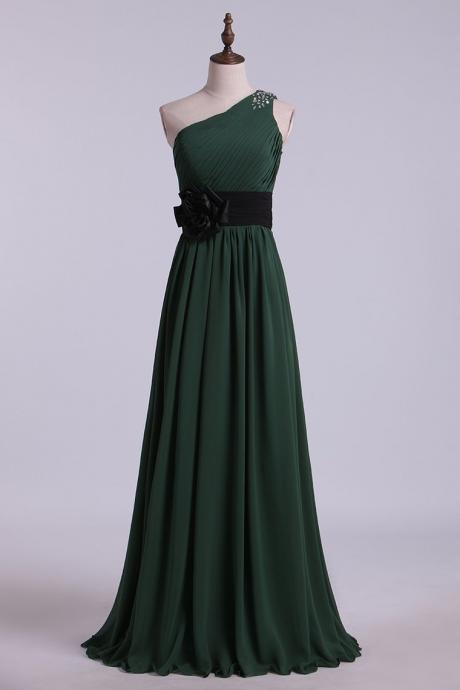 One Shoulder A Line Prom Dress With Ruffles And Beads Floor Length Chiffon Formal Dress Sa1326