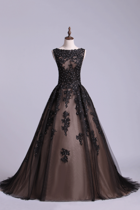 Black A-line Prom Gown Sweep Train With Beads And Applique Formal Dress Sa1326