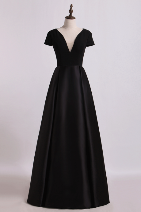 Open Back V-neck Short Sleeve A-line Prom Dress Satin Evening Dress Black Bodice Floor-length Formal Dress Sa1326