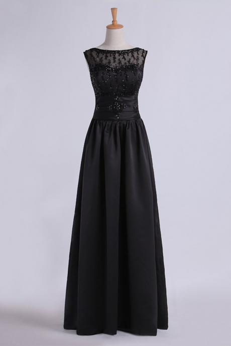 Black Prom Dresses Bateau A Line With Beaded Tulle Bodice Pick Up Long Satin Skirt Formal Dress Sa1326