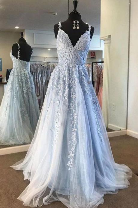 V Neck Light Blue Lace Prom Dress Long Evening Dress Formal Dress Sa1326