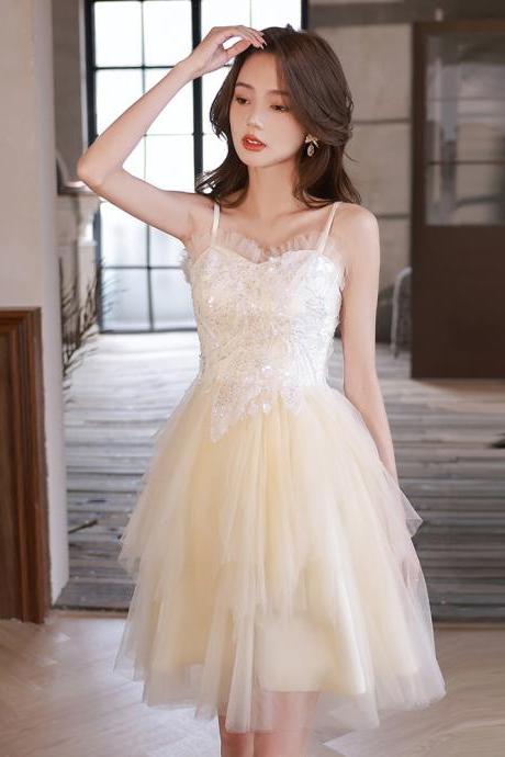 Champagne Tulle Short Straps Party Dresses Formal Dress Prom Dress Homecoming Dresses Sa1327