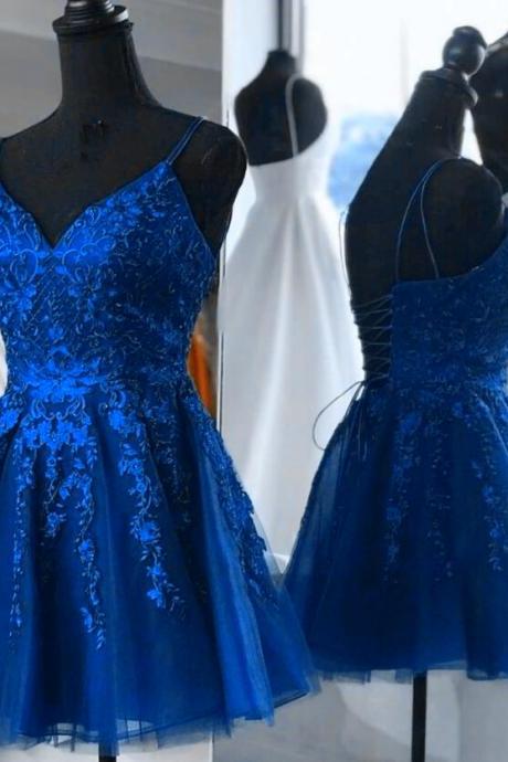 Blue Tulle With Lace Straps Short Homecoming Dress Formal Dress Blue Prom Dresses Sa1332