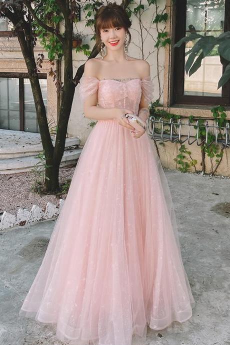 Pink Full Length Tulle Simple A-line Party Dress Prom Dress, Pink Formal Gown Sa1338