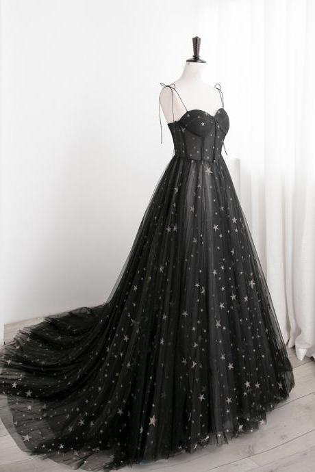 Custom Made Black Sweethart Tulle Straps A-line Long Evening Gown Formal Dress Prom Dresses Sa1339