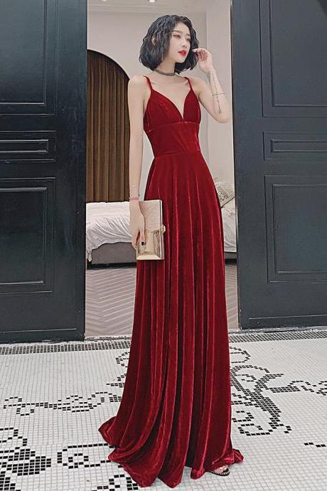 Wine Red Velvet Straps Long Evening Dress Prom Dress,formal Dress Velvet Wedding Party Dresses Sa1343