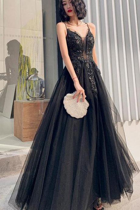Black Straps Long V-neckline Prom Dress Party Dress,hand Made Black Formal Dresses Sa1344