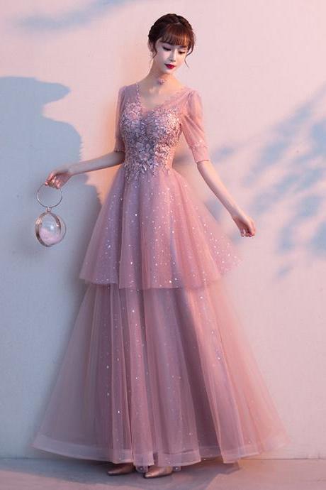 Pink Shiny Tulle With Lace Party Dress,hand Made Custom Long Evening Formal Dress Sa1347