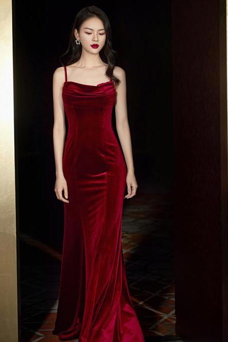 Wine Red Velvet Mermaid Straps Long Party Dress Formal Dress Burgundy Bridesmaid Dresses Sa1350