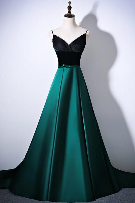 Green And Black V-neckline Straps Long Evening Dress,hand Made Formal Party Dresses Sa1351