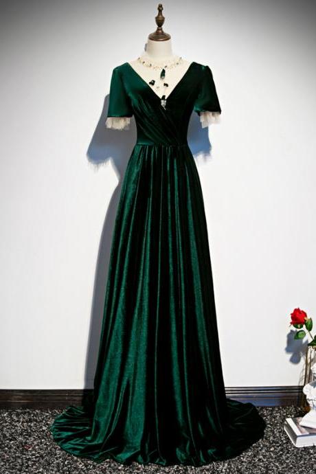 Green High Neckline Velvet Long Party Dresses,formal Dress A-line Bridesmaid Dresses Sa1353