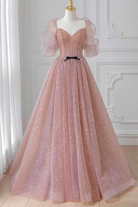 Custom Pink Tulle Puffy Sleeves Long Princess Formal Party Dresses Floor Length Prom Dresses Sa1355