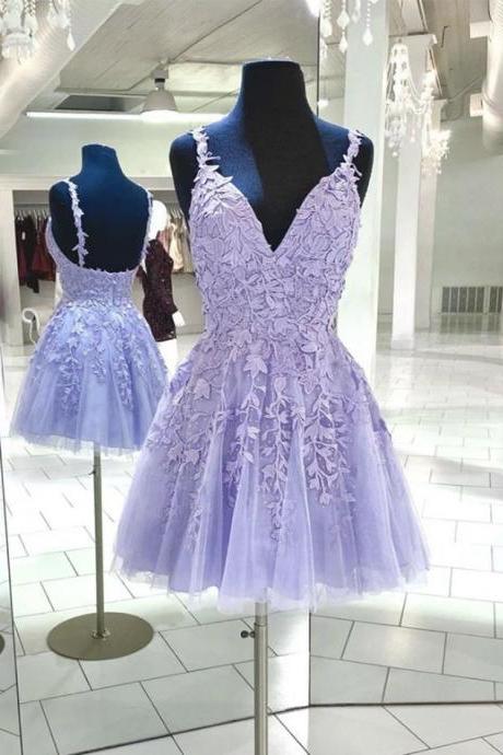 Purple Lace And Tulle Short Straps Homecoming Dress Prom Dress Formal Dresses Sa1359