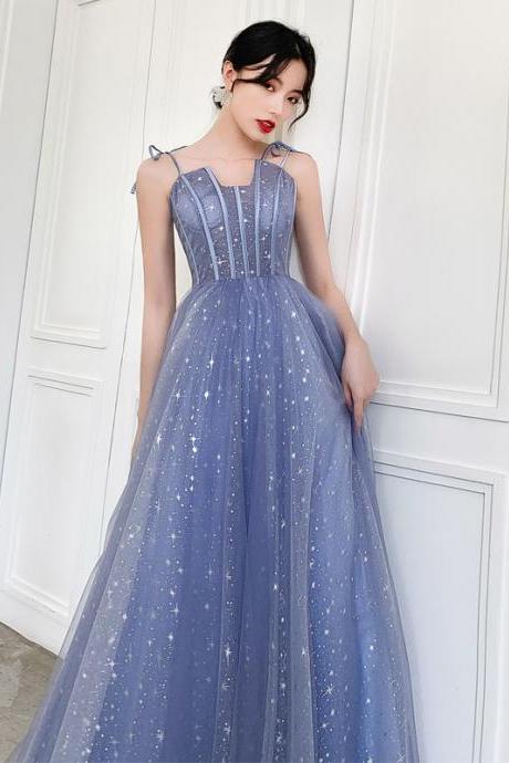 Blue Straps Tulle A-line Long Formal Dress Evening Party Dress Unique Prom Party Dresses Sa1362