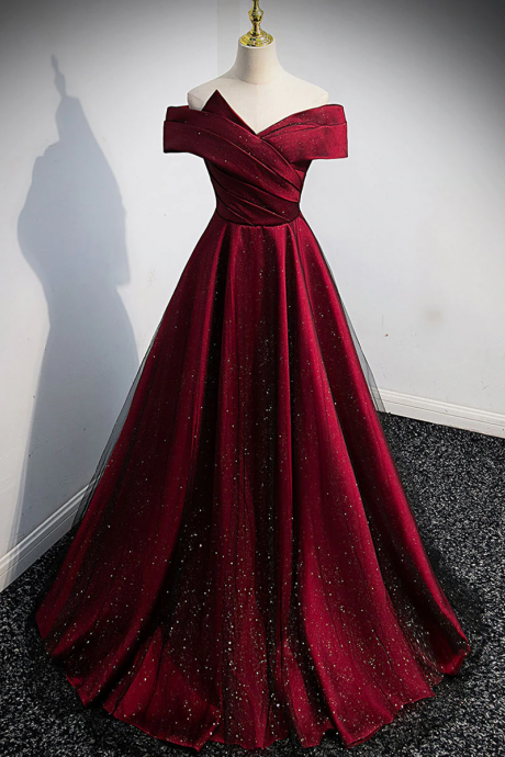 Dark Red Satin Shiny Tulle Long Prom Dress Formal Dress Lovely Burgundy Party Dresses Sa1367