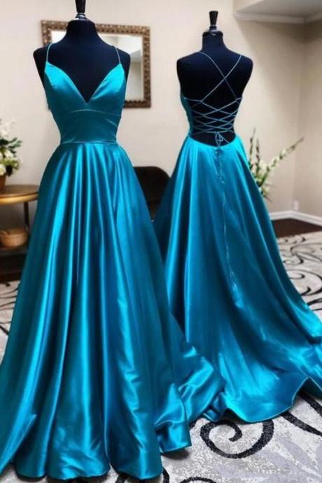 V Neck Backless Teal Satin Long Prom Dresses Open Back Formal Dress Blue Formal Graduation Evening Dresses Sa1370