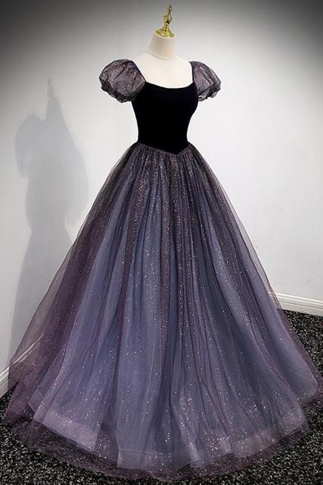 Dark Purple Shiny Tulle Short Sleeves Long Prom Dress Evening Dresses Formal Party Dresses Sa1372
