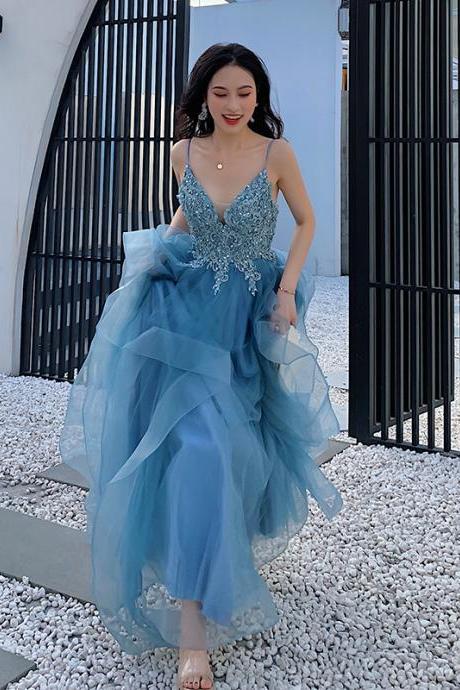 Blue Tulle With Lace Straps Long Formal Dresses Evening Dress Floor Length Blue Prom Dresses Sa1375
