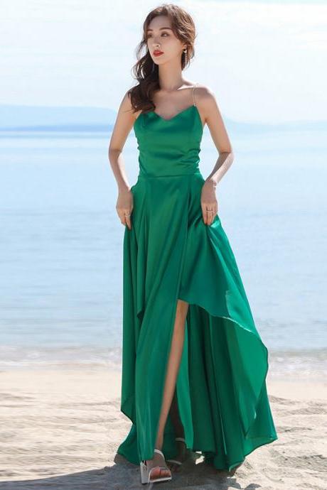 Green Stylish High Low Cross Back Satin Formal Party Dresses,prom Dress,beach Dress, Green Wedding Party Dresses Sa1381
