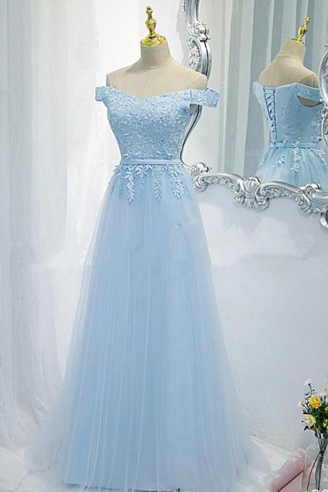 Blue Simple Long Evening Dress Party Dress With Lace Formal Dress Off Shoulder Prom Dresses Sa1383