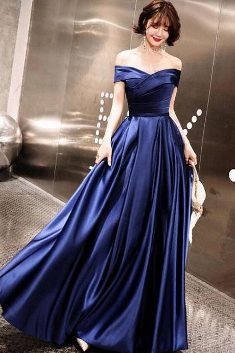 Blue Satin Simple A-line Chic Prom Dress Formal Dress Party Dress Long Evening Dresses Sa1390