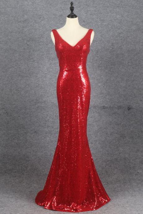 Red Sequins Mermaid Low Back Long Evening Dress Party Dress V Neck Bridesmaid Dresses Sa1394
