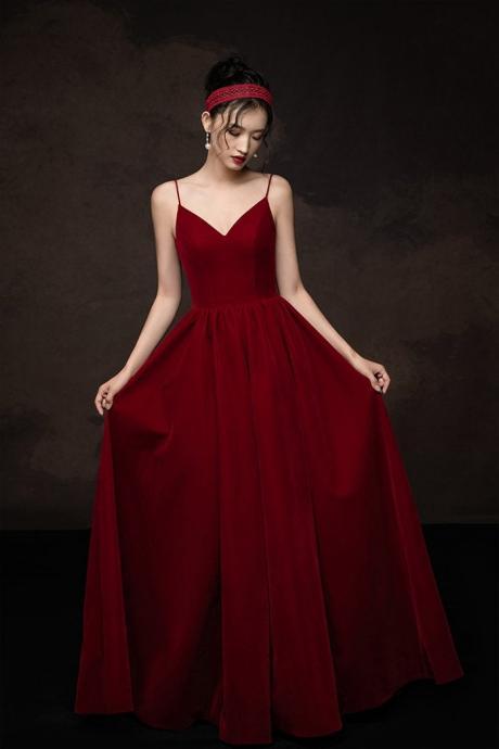 V-neckline Straps Velvet Long Low Back Prom Dress Formal Dress Dark Red Party Dresses Sa1400