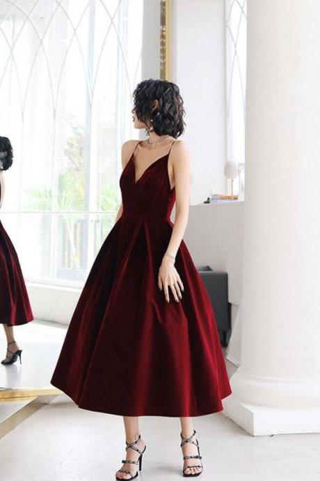 Velvet Dark Red Backless Straps Wedding Party Dress Formal Dress Short Prom Dresses Sa1404