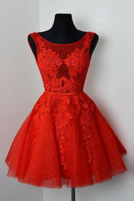 Tulle With Lace Round Neckline Low Back Party Dress Formal Dress Red Evening Dress Party Dress Sa1406