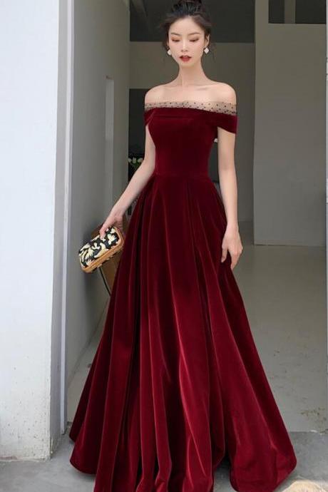 Wine Red Off Shoulder Velvet Long Formal Dress Evening Dress Velvet Bridesmaid Dresses Sa1407