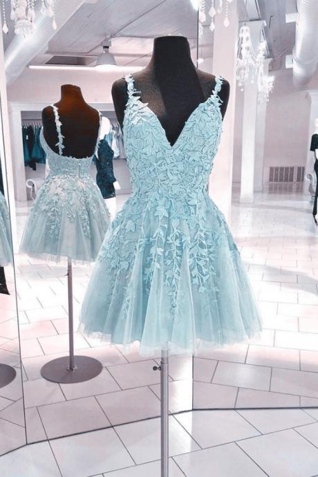 Light Blue V-neckline Tulle Lace Short Formal Dress Homecoming Dress Prom Dress Sa1408