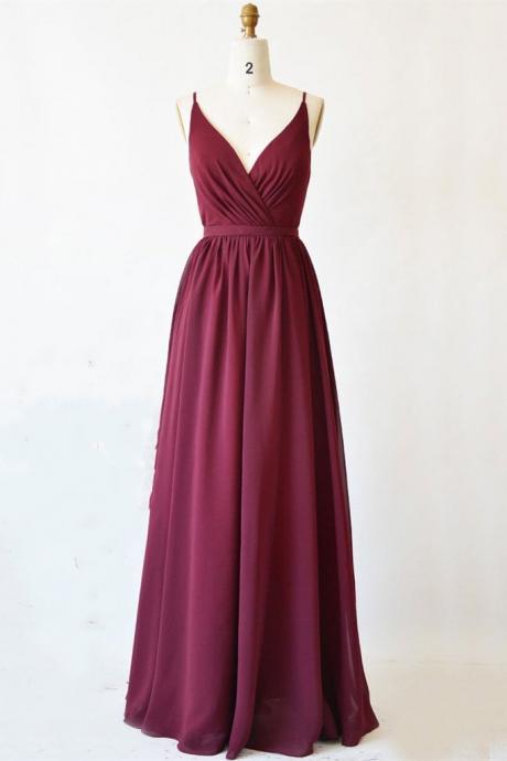 Long Prom Dress With Lace Back V Neck Burgundy Formal Evening Dress Bridesmaid Dress Sa1412