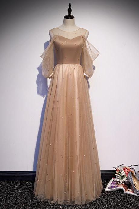 A-line Tulle Long Puffy Sleeves Party Dresses Formal Dress Champagne Floor Length Prom Dresses Sa1413