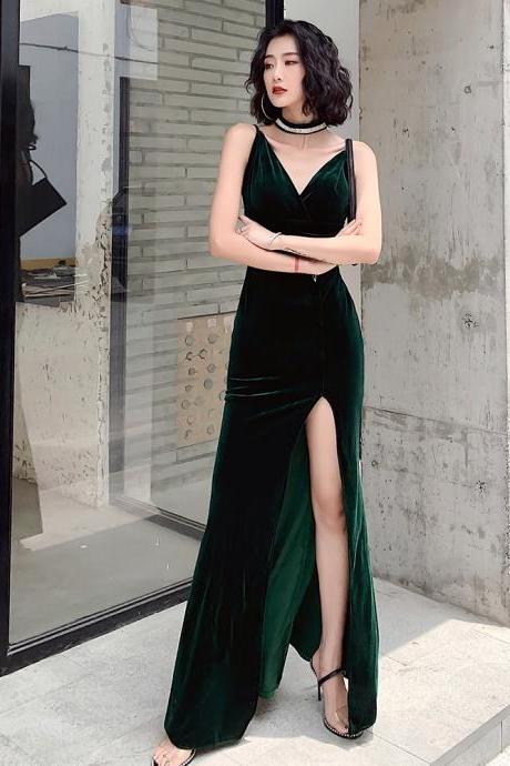 Sexy Dark Green Velvet High Leg Slit Long Party Dress Formal Dress Straps Mermaid Prom Dresses Sa1415