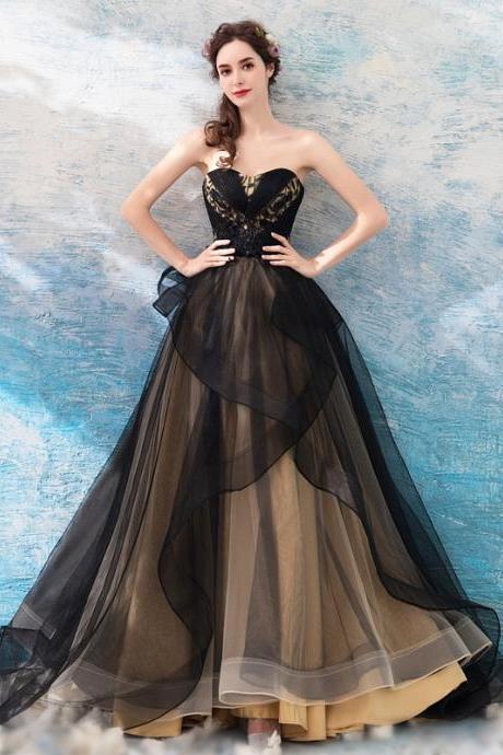 Black And Champagne Princess Ball Gown Sweetheart Long Formal Dress Prom Dresses Sa1417