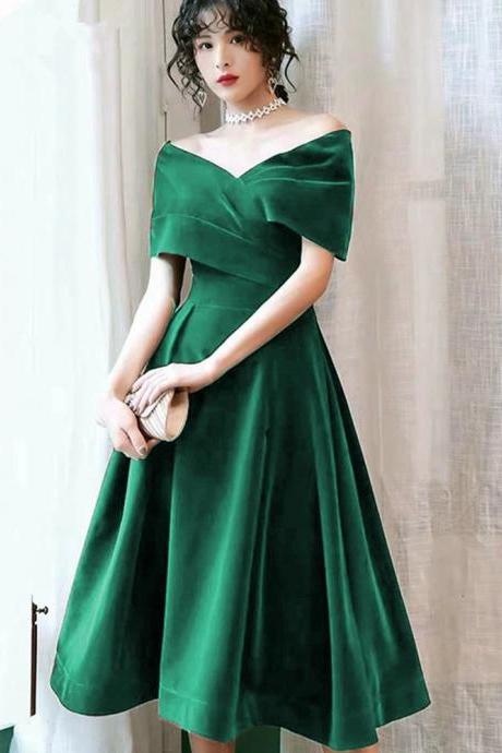 Green Velvet Off Shoulder Tea Length Wedding Party Dresses Formal Dress Bridesmaid Dresses Sa1425