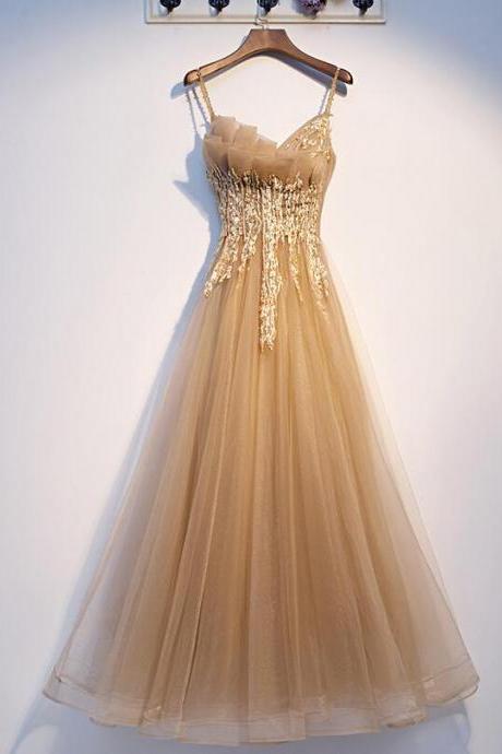 Champagne Lovely Straps Tulle With Lace Party Dress Prom Dress Formal Dress A-line Tulle Evening Dresses Sa1426