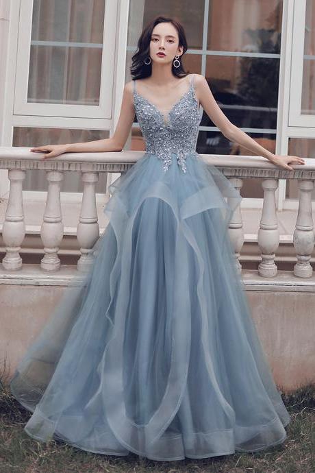 Light Blue Formal Dress Tulle V-neckline Lace Applique Straps Layers Skirt Long Prom Dress, Blue Wedding Party Dress Sa1431