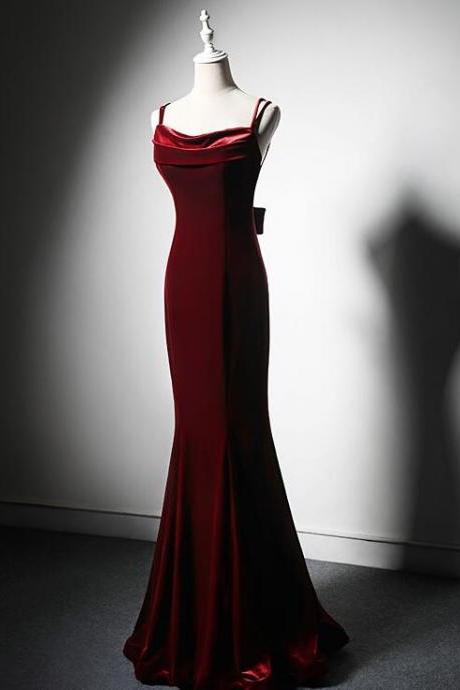 Wine Red Long Velvet Straps Low Back Evening Dresses Formal Dress Prom Party Dress Sa1433