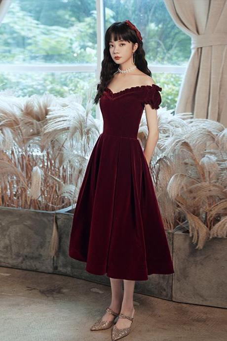 Burgundy Off Shoulder Tea Length Velvet Formal Party Dress Prom Dress Bridesmaid Dress Sa1438