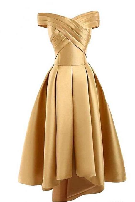 Gold Satin Off Shoulder High Low Party Dress Homecoming Dresses Formal Dress Short Prom Dress Sa1444