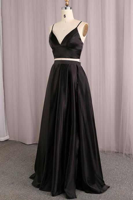 Hand Made Custom Black Satin Two Piece Long Evening Dress Prom Dress Formal Dresses Sa1445